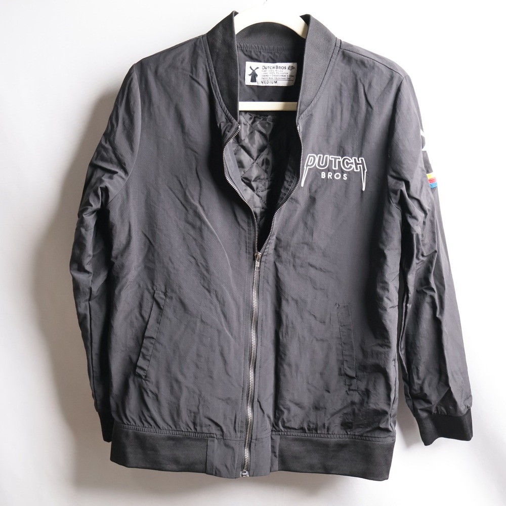 Dutch Bros Coffee Bomber Jacket Mens Medium Black Quilted Windbreaker Zip Up A27